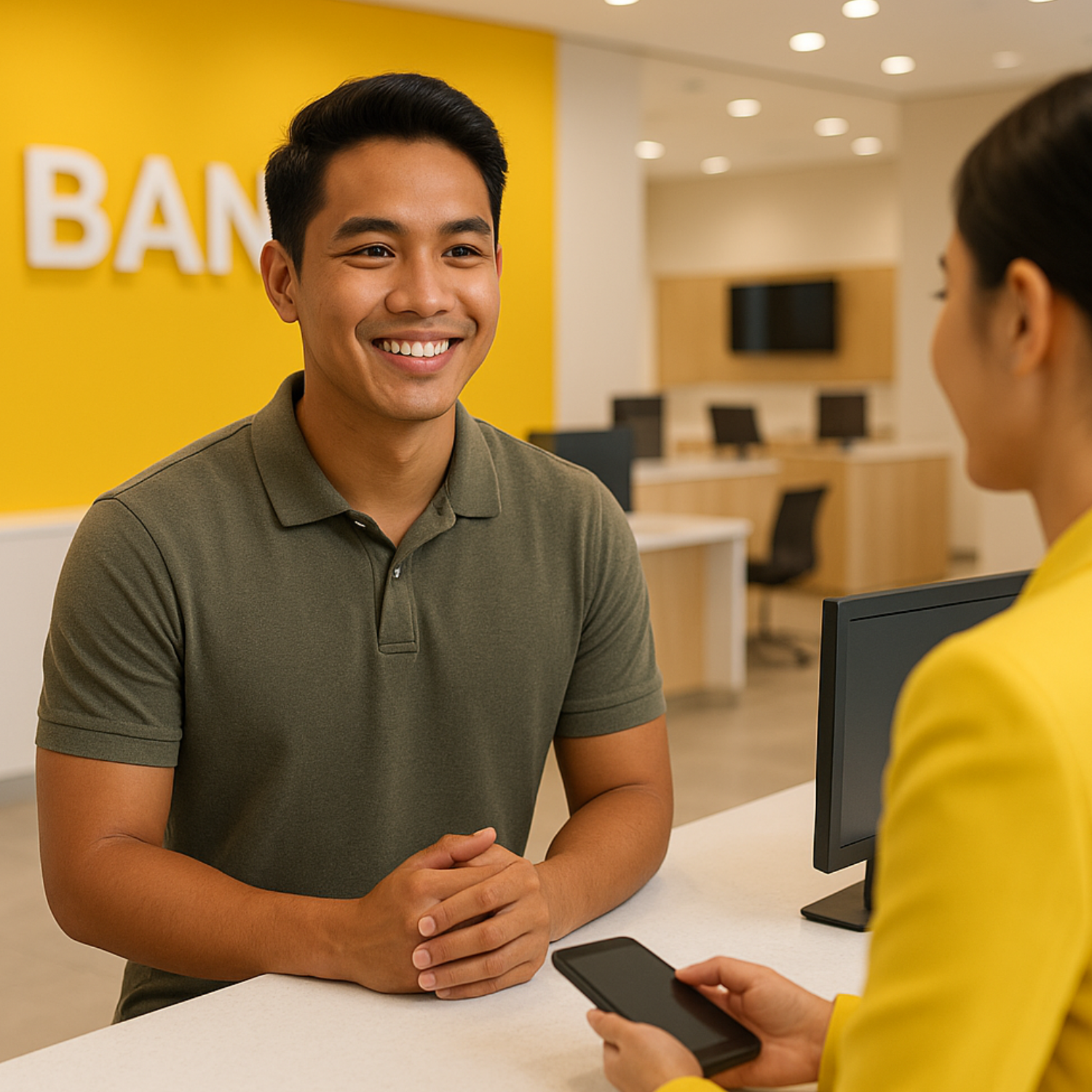 filipino man talking to bank teller